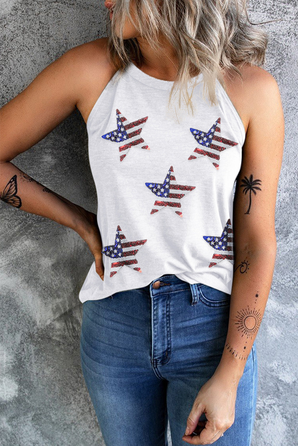 Sequin US Flag Star Grecian Neck Tank Sunset and Swim   