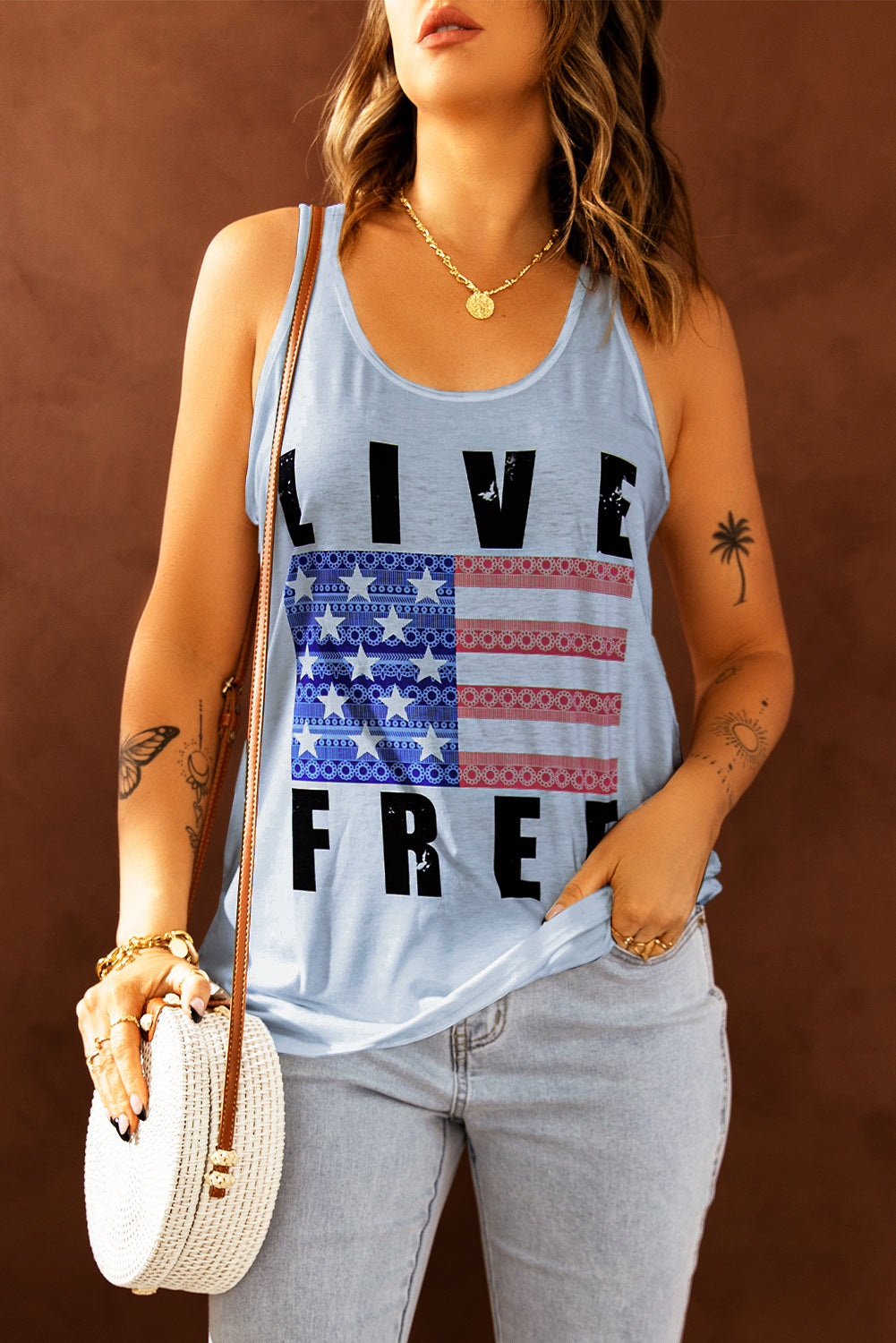 LIVE FREE Stars and Stripes Graphic Tank Sunset and Swim   