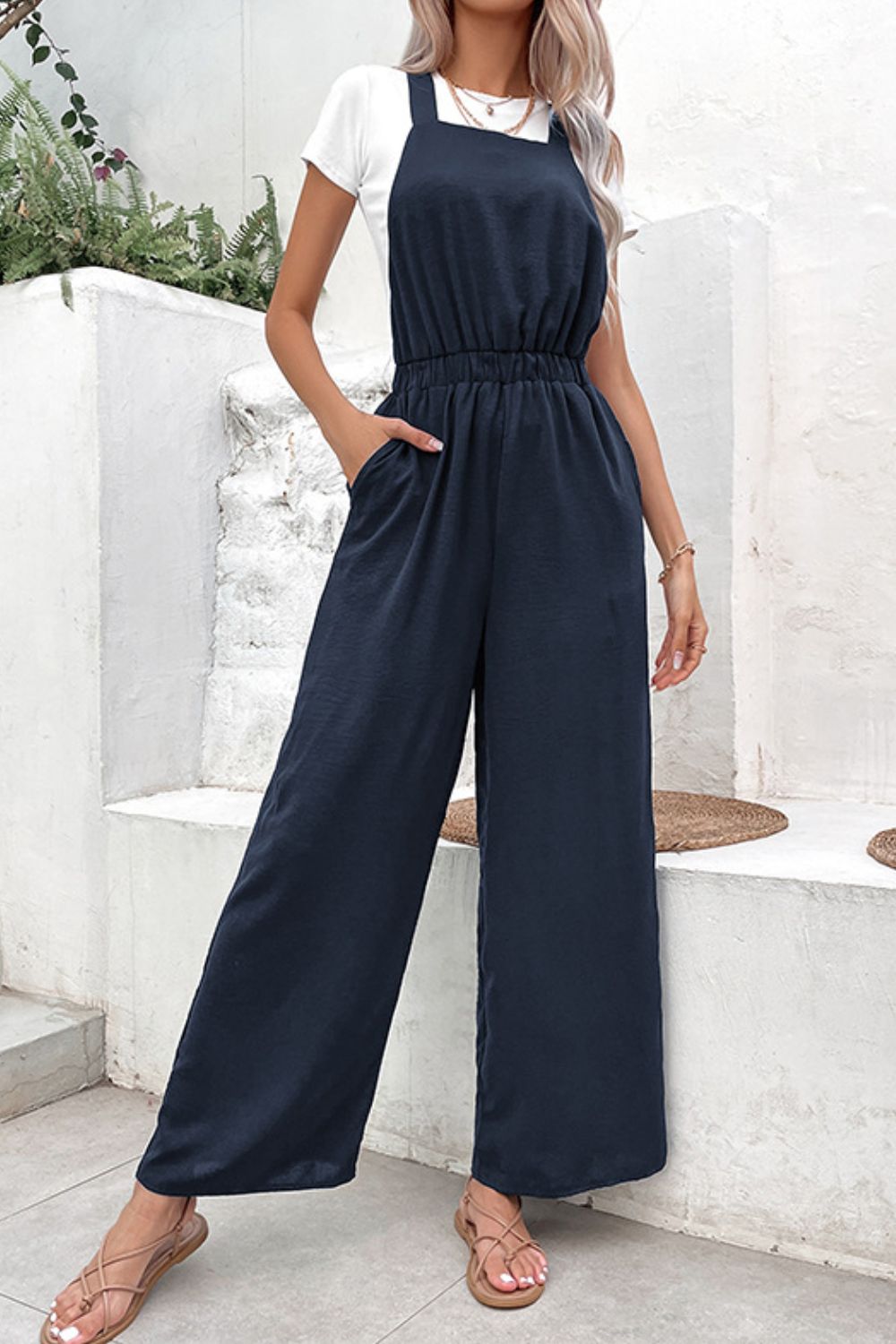 Elastic Waist Overalls with Pockets Sunset and Swim   