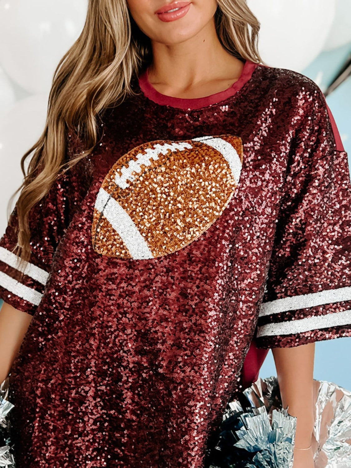 Sequin Football Round Neck Half Sleeve Oversize Top Sunset and Swim   