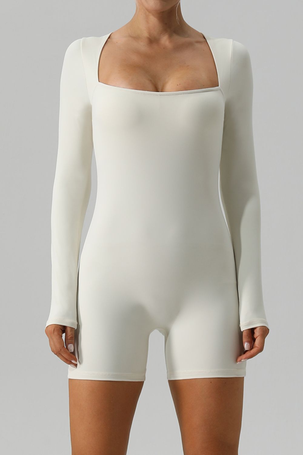 Square Neck Long Sleeve Active Romper Sunset and Swim Ivory S 