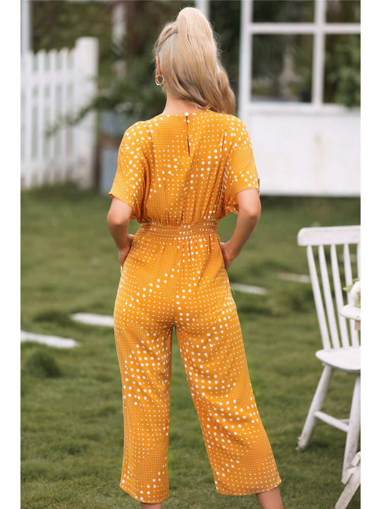 Polka Dot Surplice Neck Jumpsuit with Pockets Sunset and Swim   