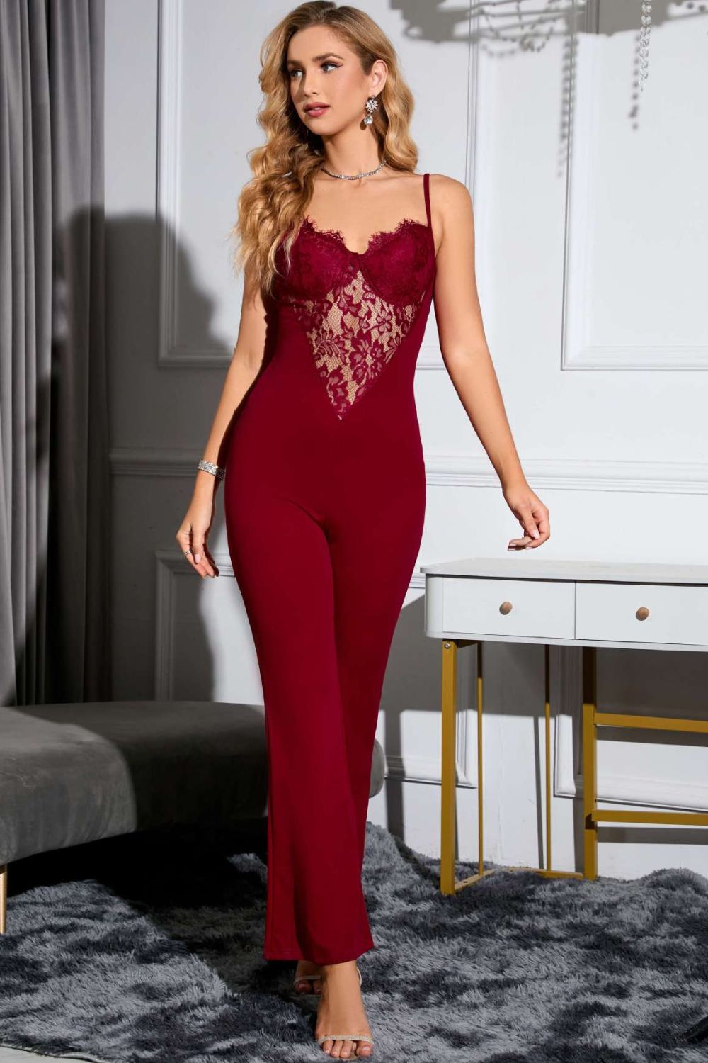 Spliced Lace Sweetheart Neck Flare Leg Jumpsuit Sunset and Swim   