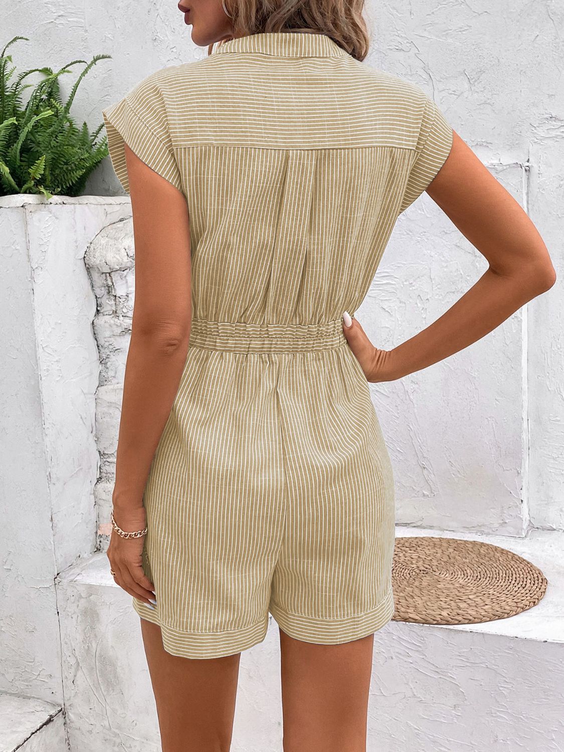 Striped Notched Tie Waist Romper Sunset and Swim   