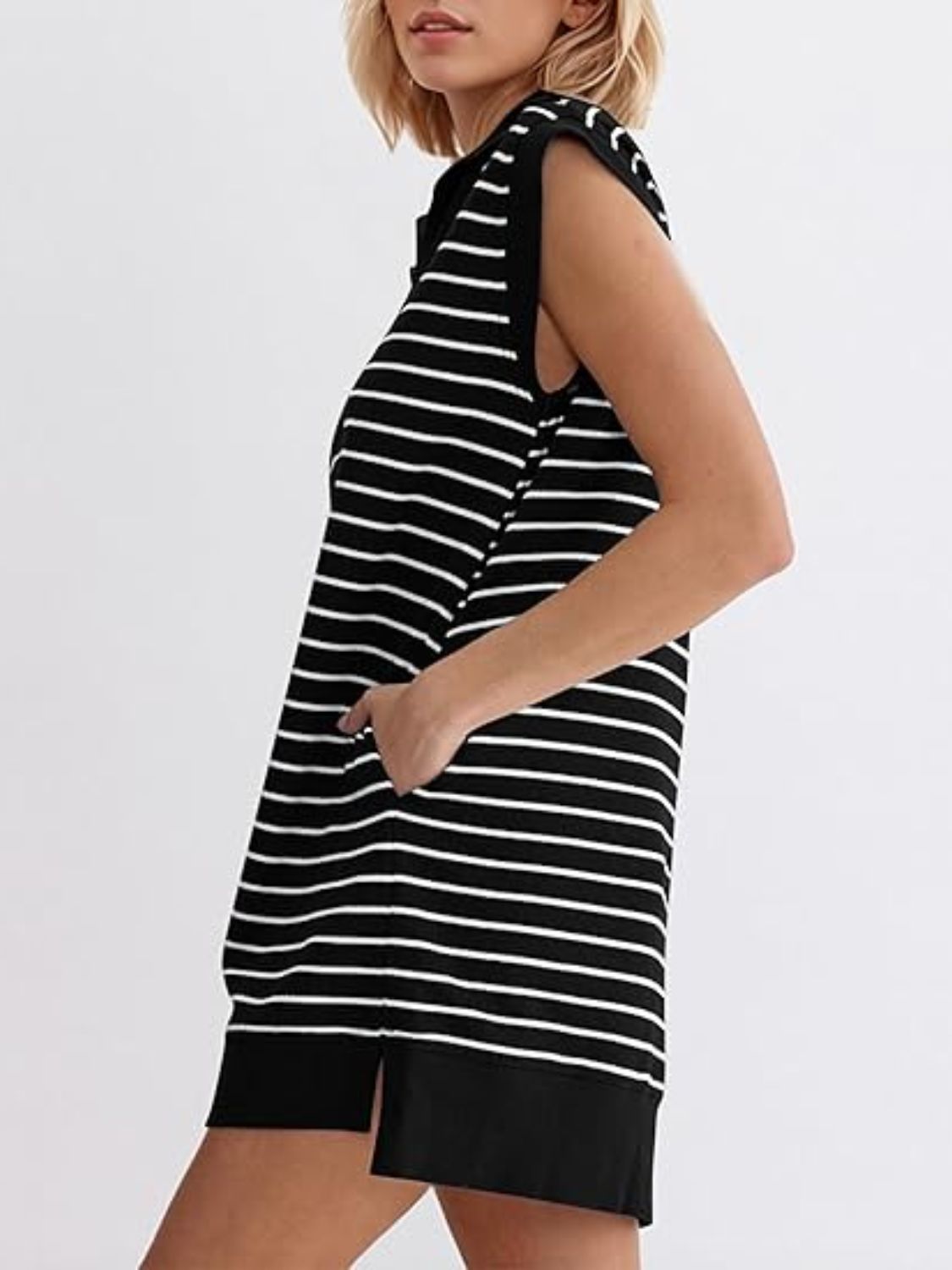 Sunset Vacation Full Size Pocketed Striped Quarter Zip Cap Sleeve Dress Sunset and Swim   