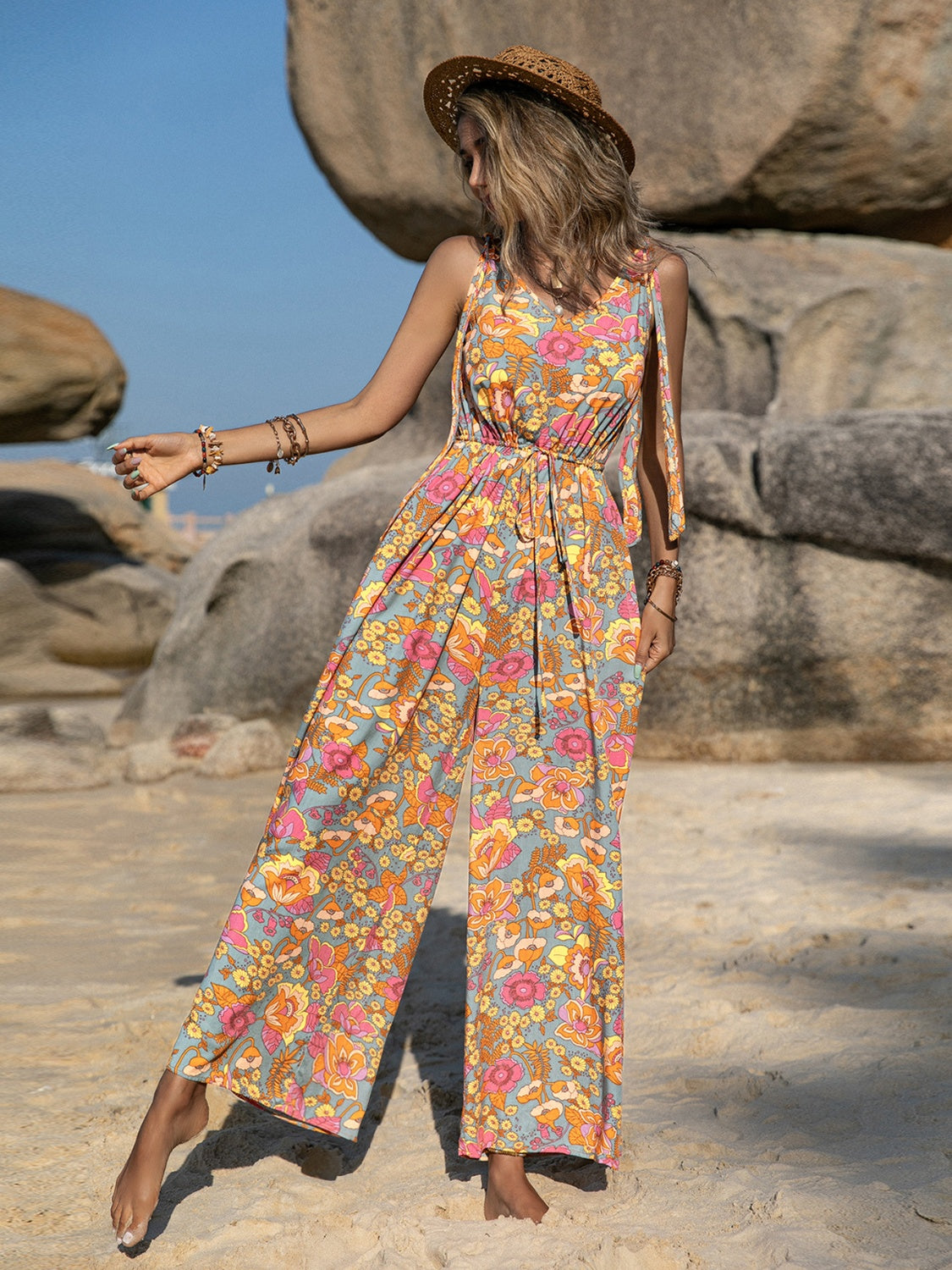 V-Neck Wide Leg Jumpsuit Sunset and Swim   