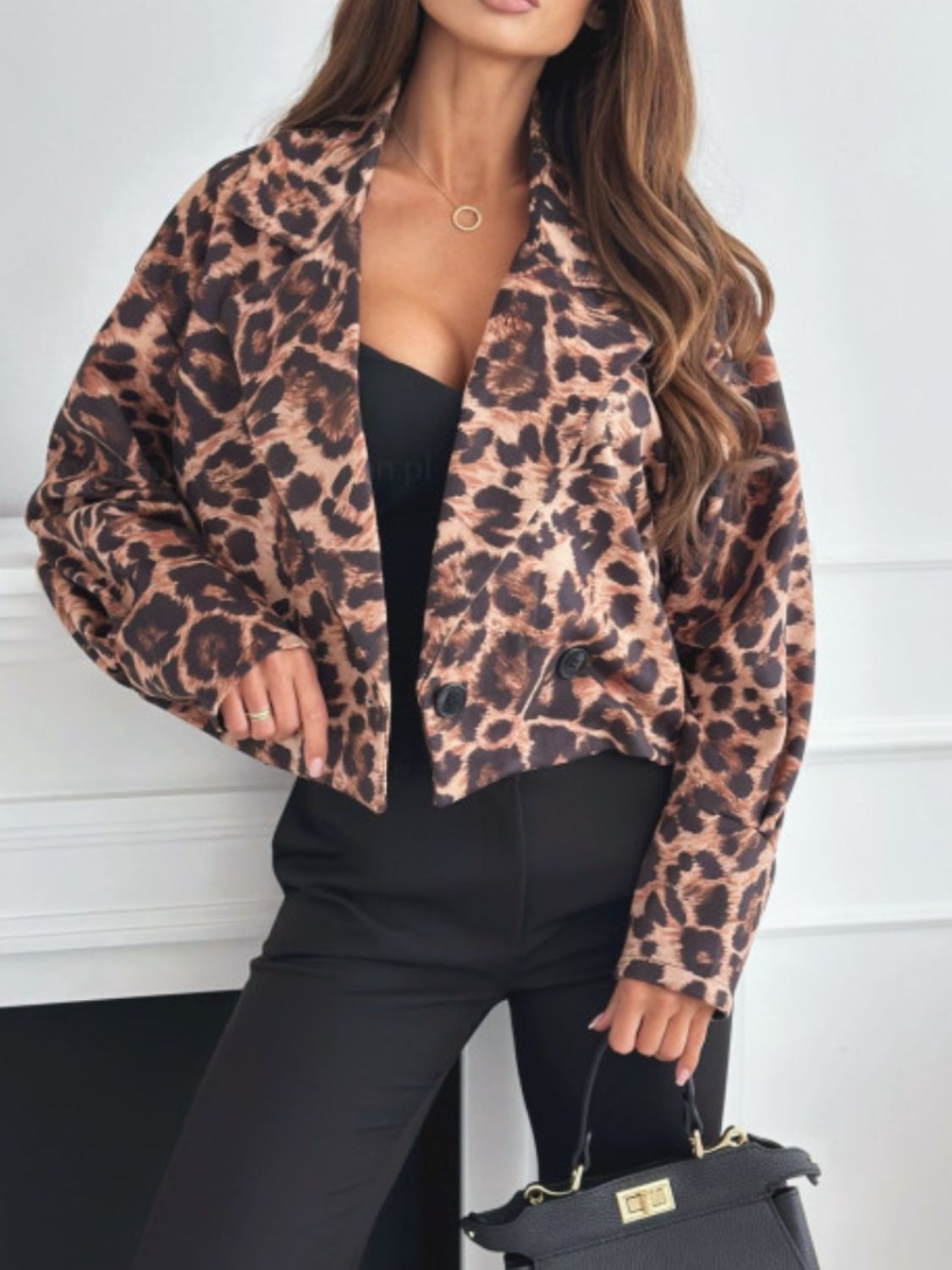 Sunset Vacation Leopard Collared Neck Cropped Jacket Sunset and Swim   