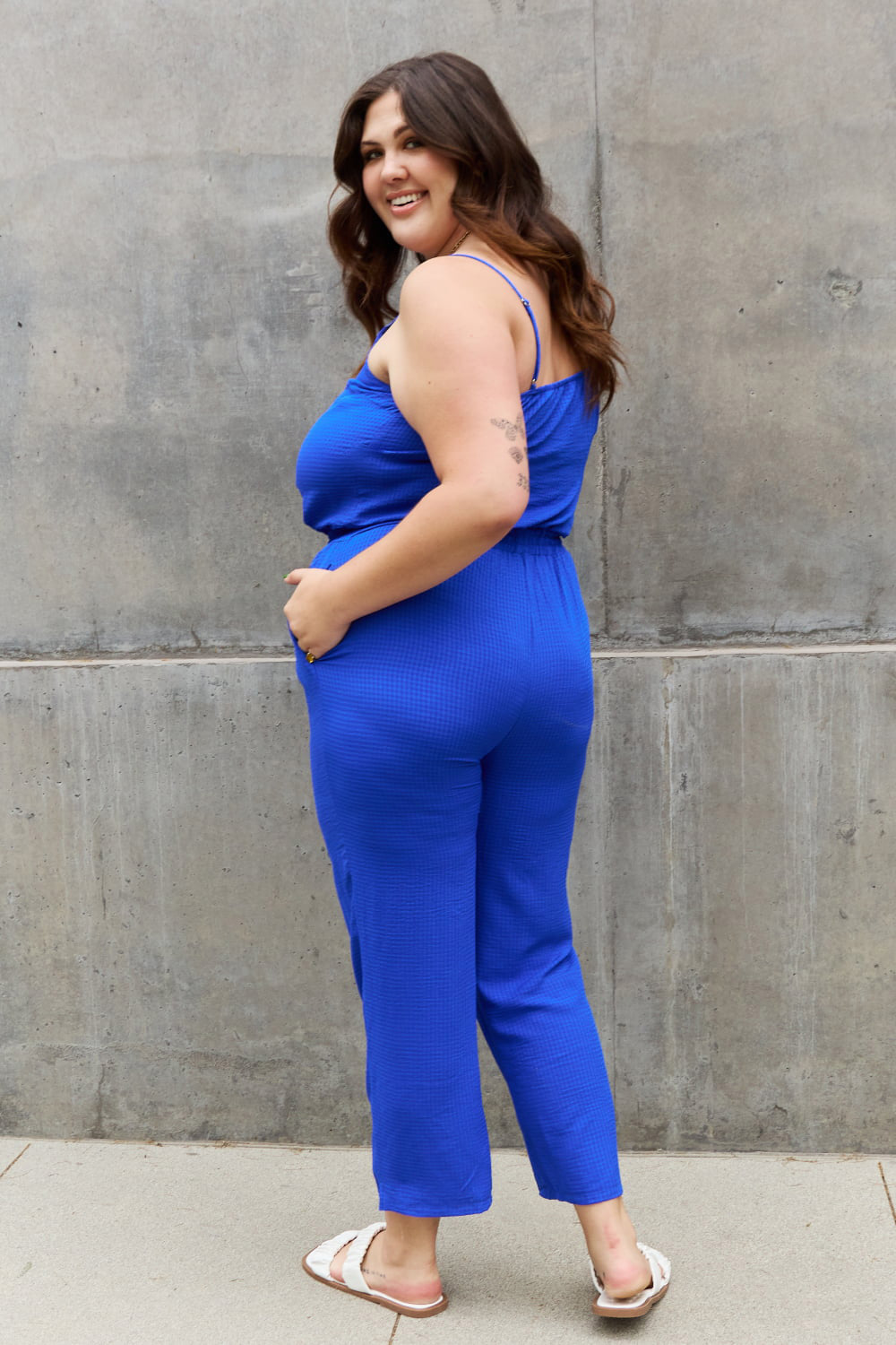ODDI Full Size Textured Woven Jumpsuit in Royal Blue  Sunset and Swim   