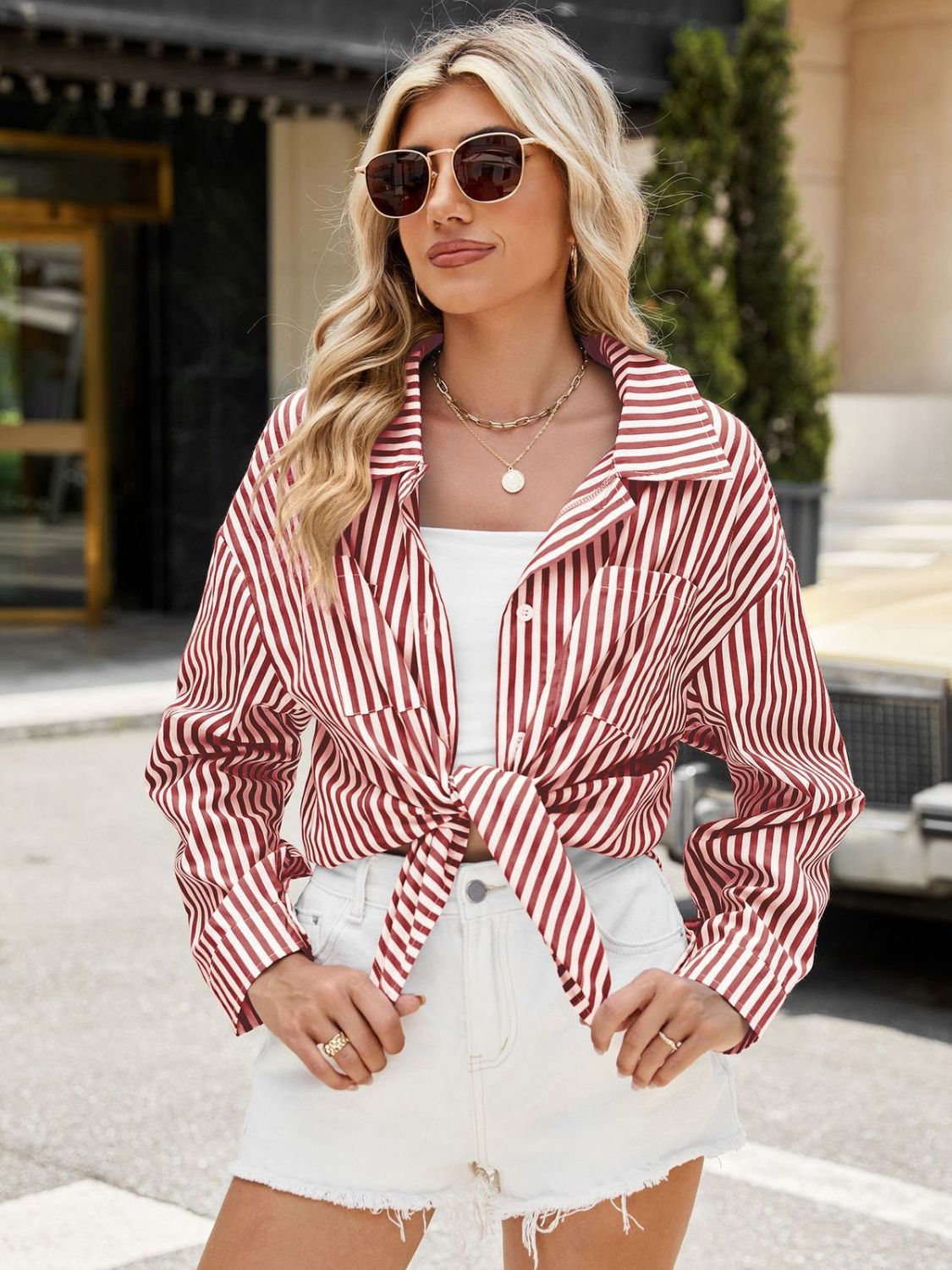 Striped Button Up Long Sleeve Shirt Sunset and Swim   