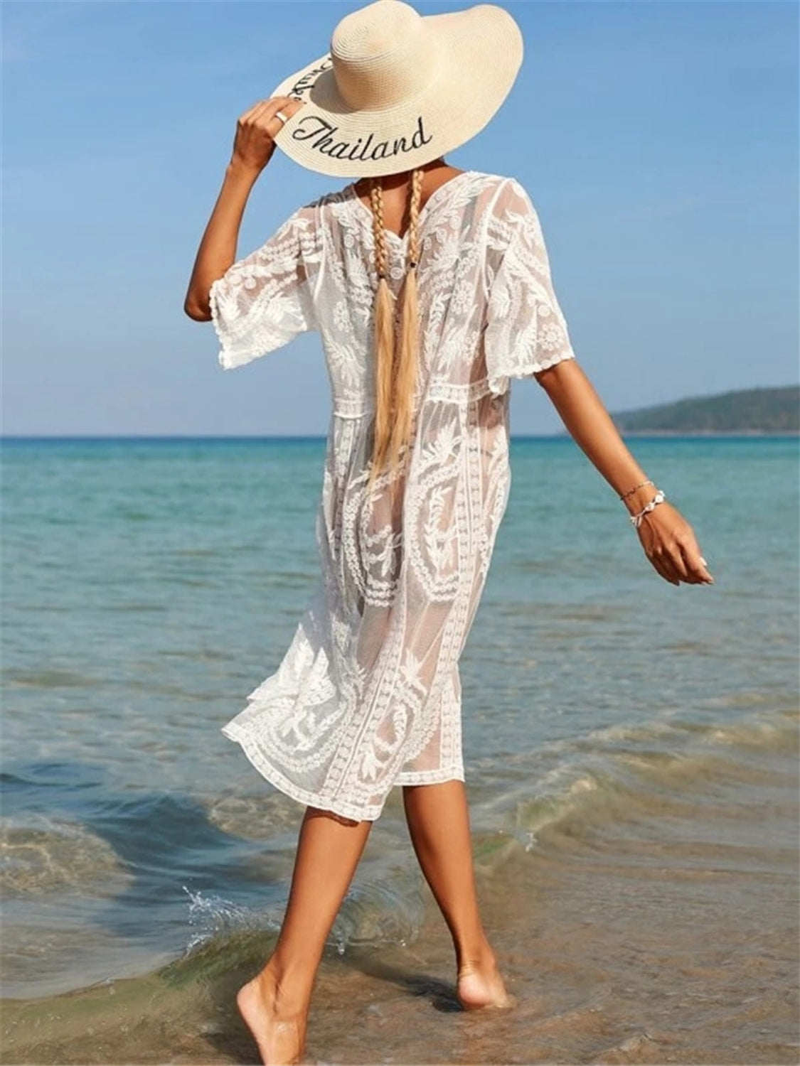 Sunset Vacation  Tied Open Front Half Sleeve Beach Cover Up Sunset and Swim   