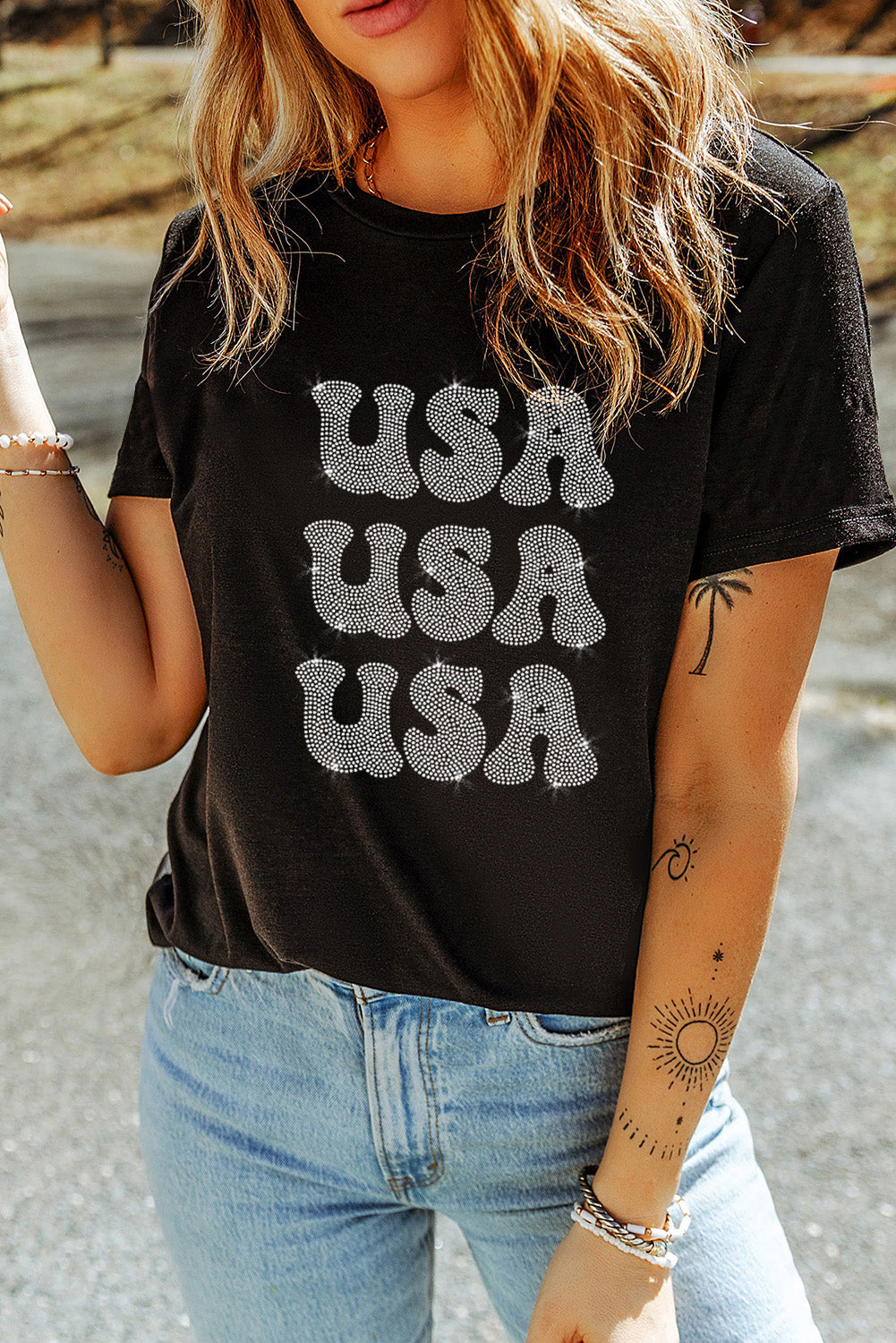 USA Rhinestone Round Neck Short Sleeve T-Shirt Sunset and Swim Black S 