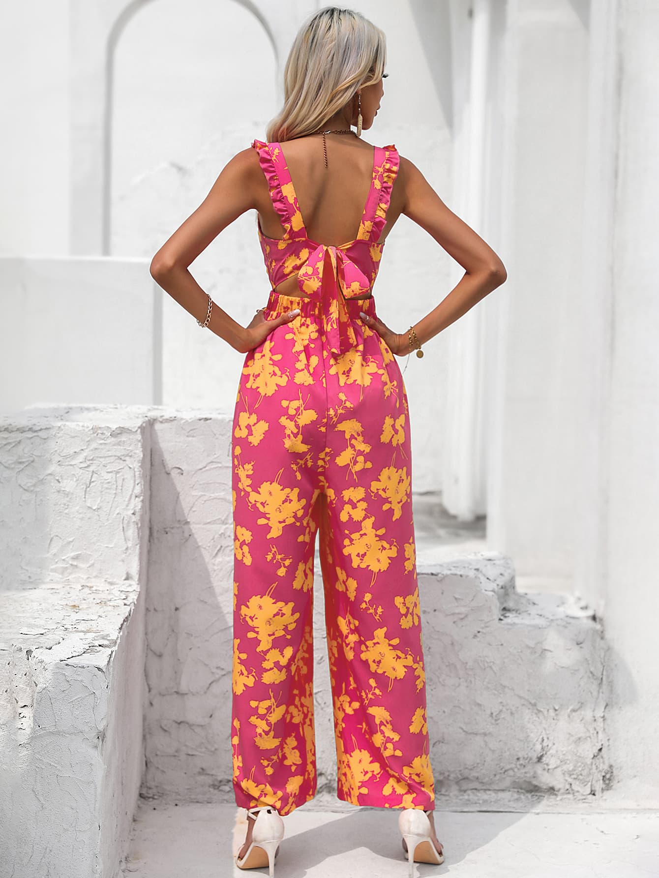 Floral Square Neck Cutout Tie Back Jumpsuit Sunset and Swim   