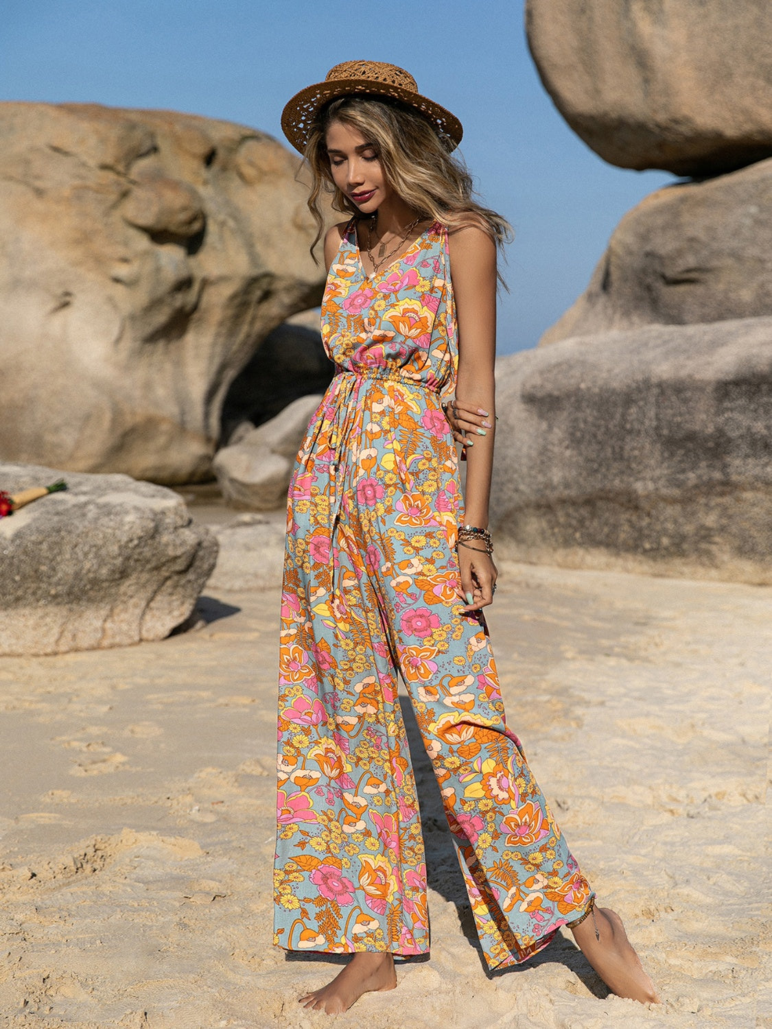 V-Neck Wide Leg Jumpsuit Sunset and Swim   