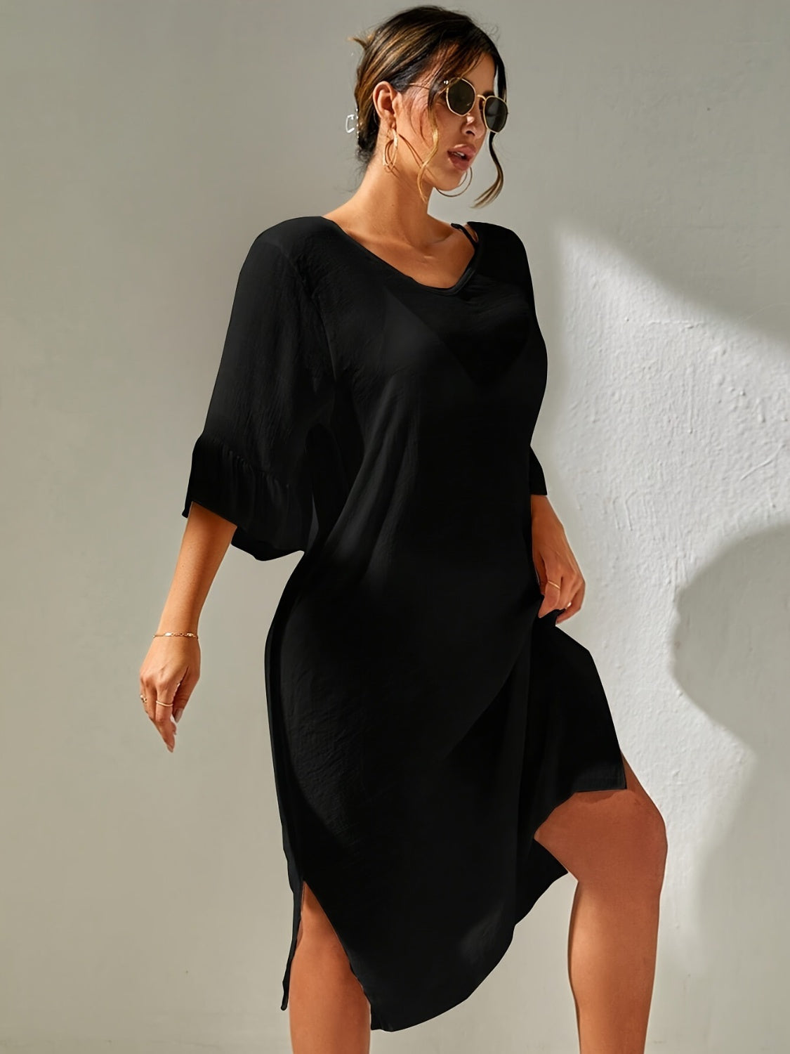 Slit V-Neck Flounce Sleeve Cover-Up Sunset and Swim   