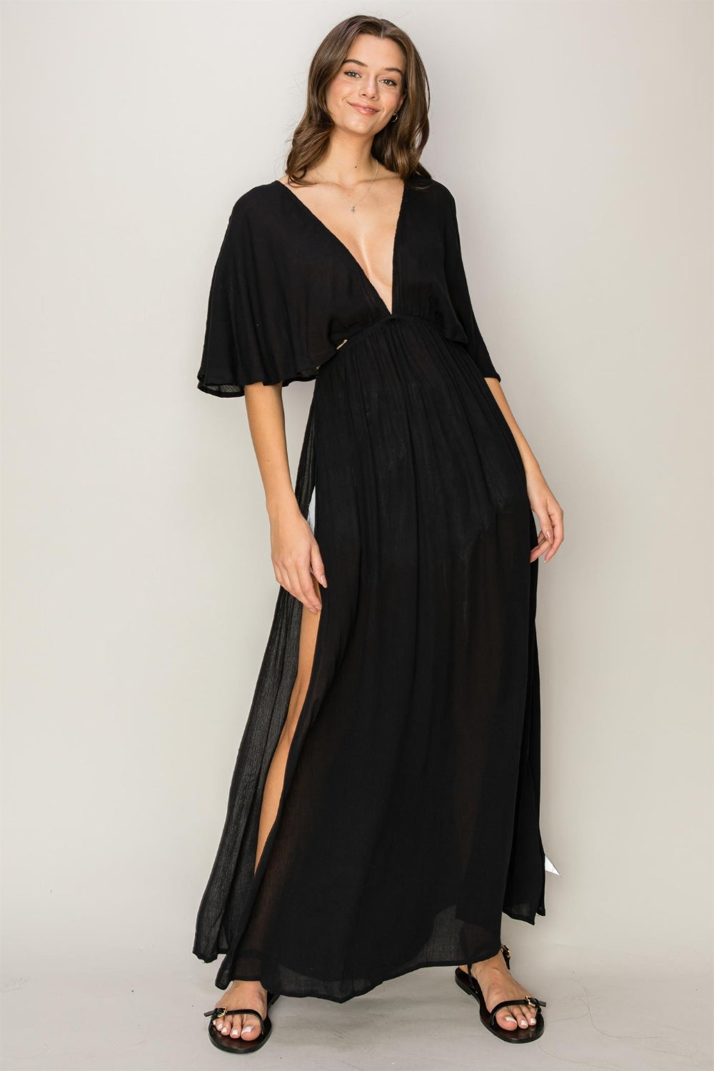 Sunset and Swim  HYFVE Tie Back Maxi Split Beach Cover Up Dress Sunset and Swim Black S 