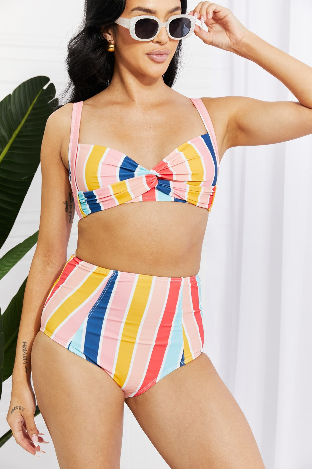 Marina West Swim Take A Dip Twist High-Rise Bikini in Stripe  Sunset and Swim   