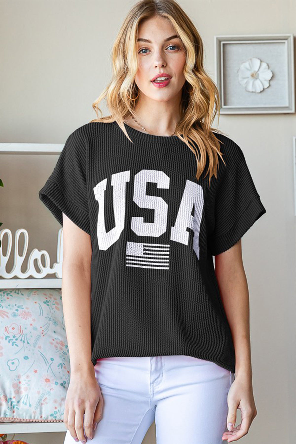 Plus Size USA Graphic Short Sleeve Ribbed Top Sunset and Swim Black S 