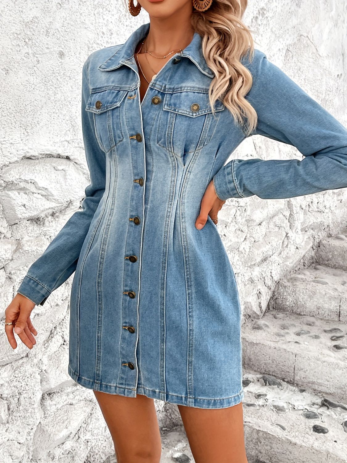 Pocketed Button Up Long Sleeve Denim Dress Sunset and Swim   