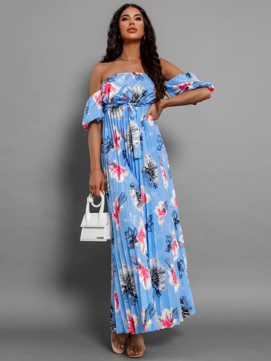 Sunset Vacation Pleated Floral Off-Shoulder Short Sleeve Midi Dress Sunset and Swim Sky Blue S 
