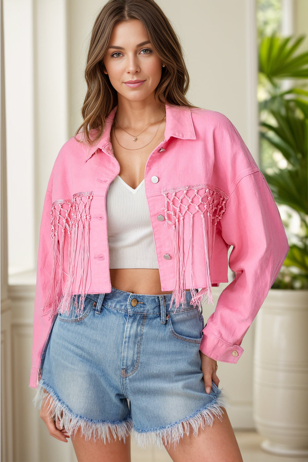 Tassel Sequin Letter Long Sleeve Denim Jacket Sunset and Swim Burnt Coral S 