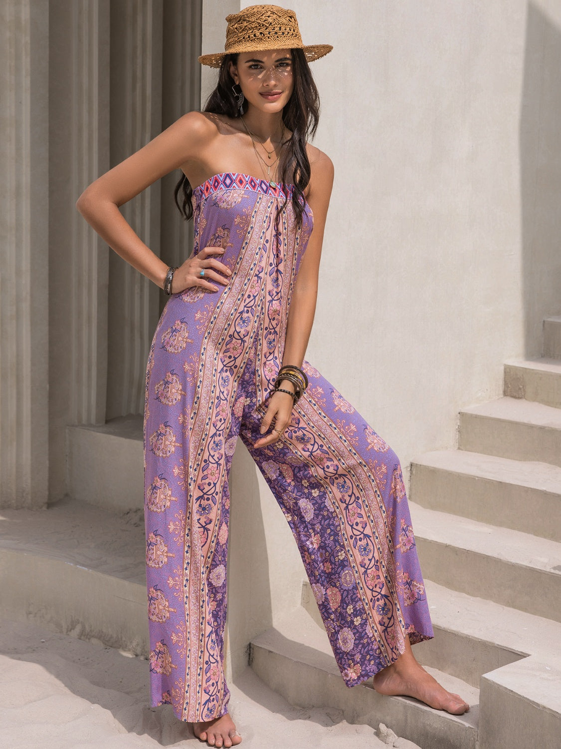 Sunset and Swim  Tied Printed Tube Wide Leg Jumpsuit Sunset and Swim   