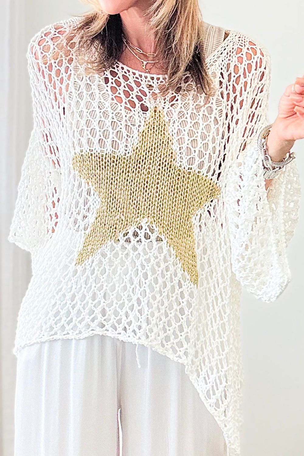 Sunset and Swim  Openwork Star Boat Neck Knit Beach Cover Up Sunset and Swim White S 