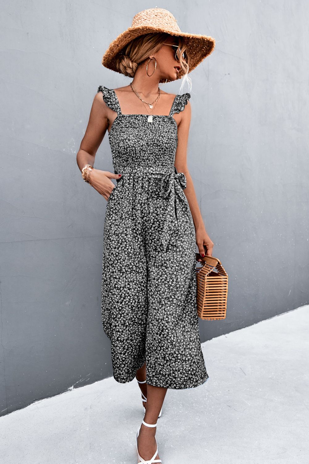 Sunset and Swim Printed Ruffle Strap Smocked Belted Jumpsuit Sunset and Swim Black S 