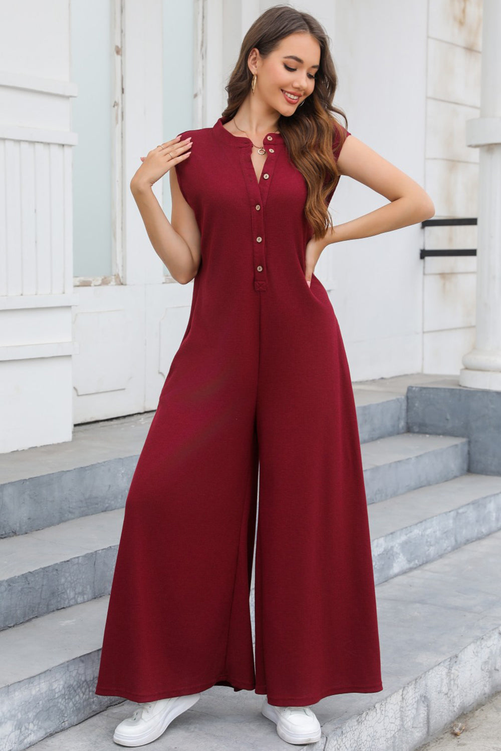 Sunset and Swim  Half Button Wide Leg Jumpsuit with Pockets Sunset and Swim   