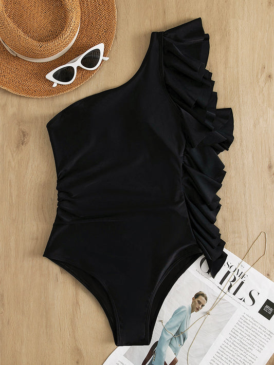 Sunset Vacation  Ruffled Single Shoulder One-Piece Swimwear  Sunset and Swim   