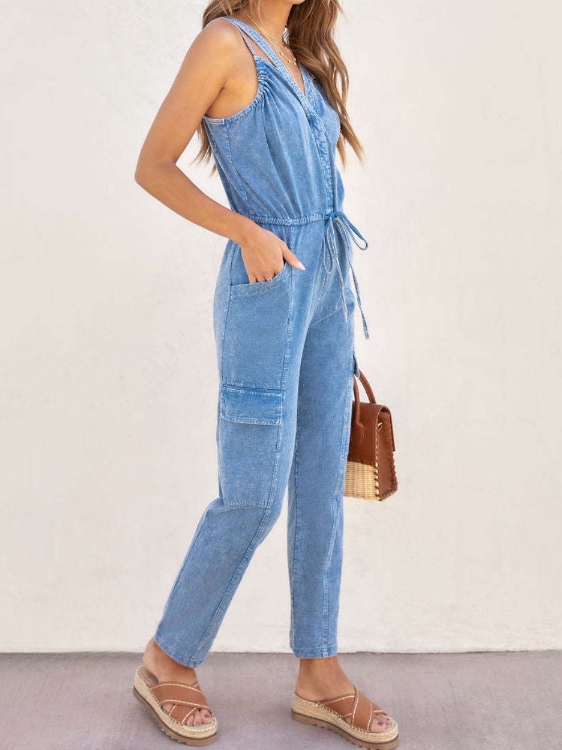 V-Neck Sleeveless Denim Jumpsuit Sunset and Swim   