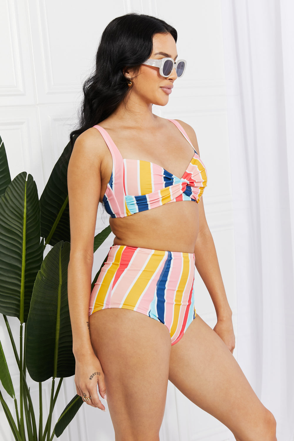Marina West Swim Take A Dip Twist High-Rise Bikini in Stripe Sunset and Swim   