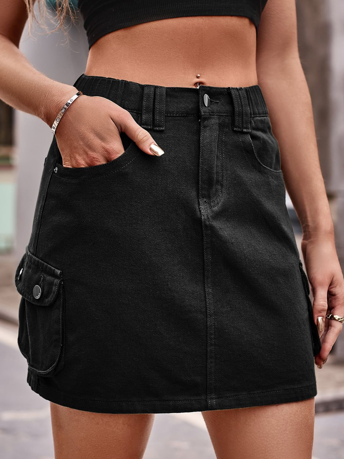 Denim Mini Skirt with Pockets Sunset and Swim Black S 