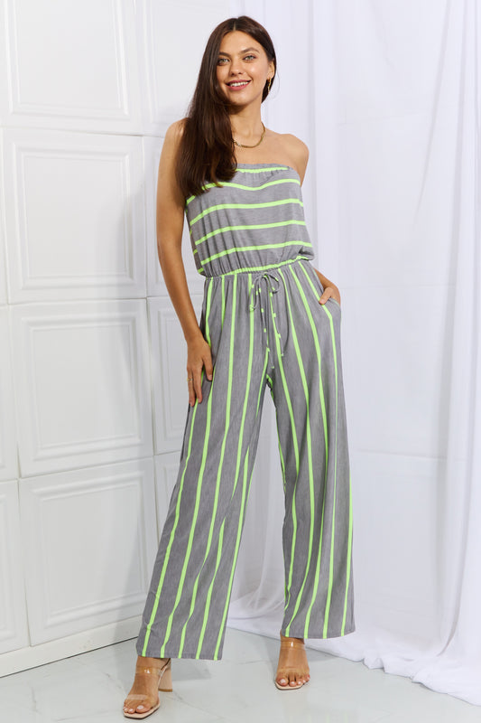 Sew In Love Pop Of Color Full Size Sleeveless Striped Jumpsuit  Sunset and Swim Grey/Neon Lime S 