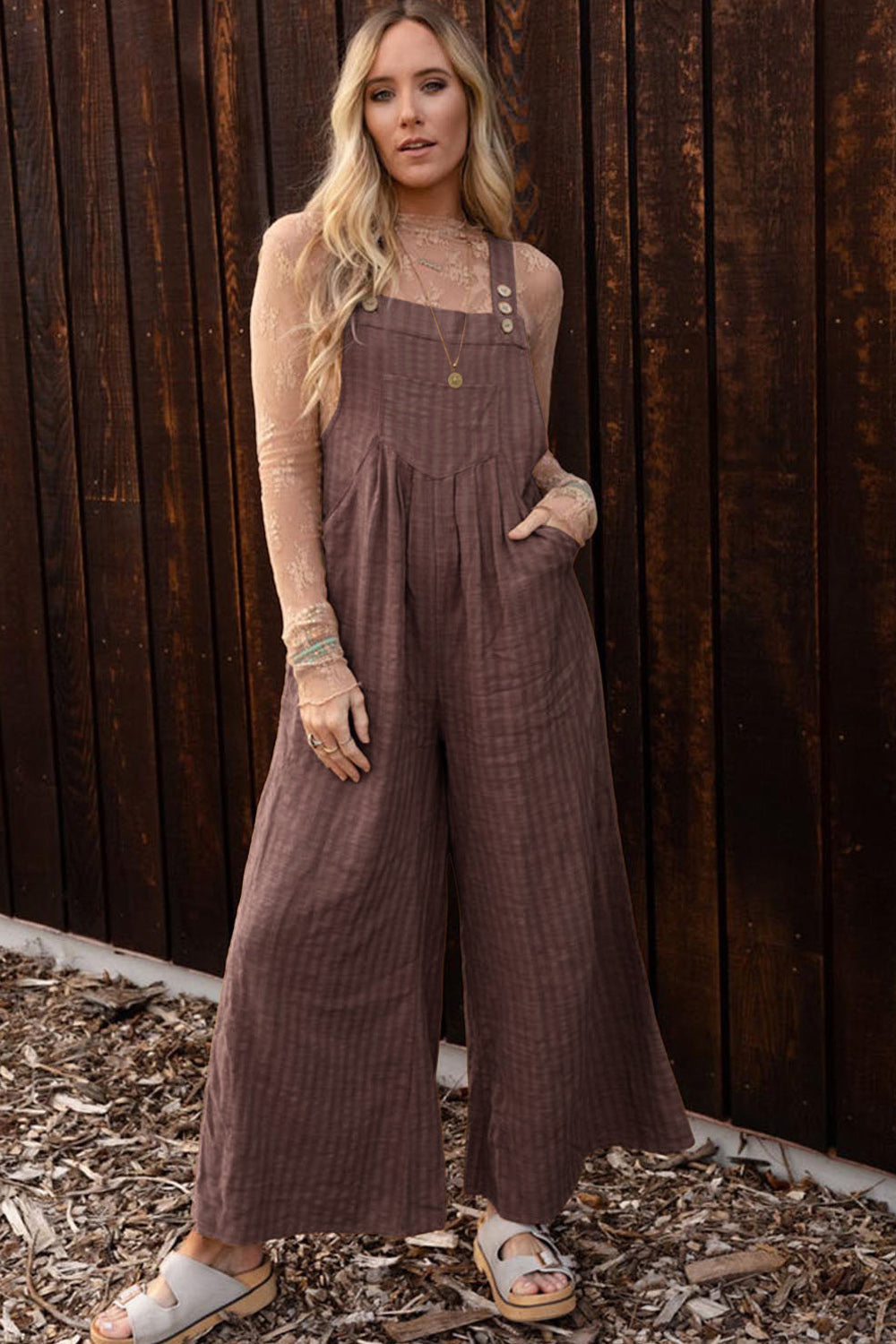 Texture Buttoned Wide Leg Overalls Sunset and Swim   