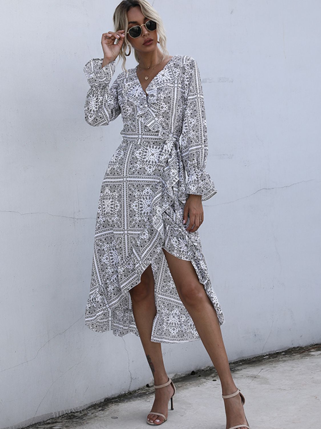 Sunset Vacation Perfee Ruffled Slit Surplice Long Sleeve Dress Sunset and Swim White S 