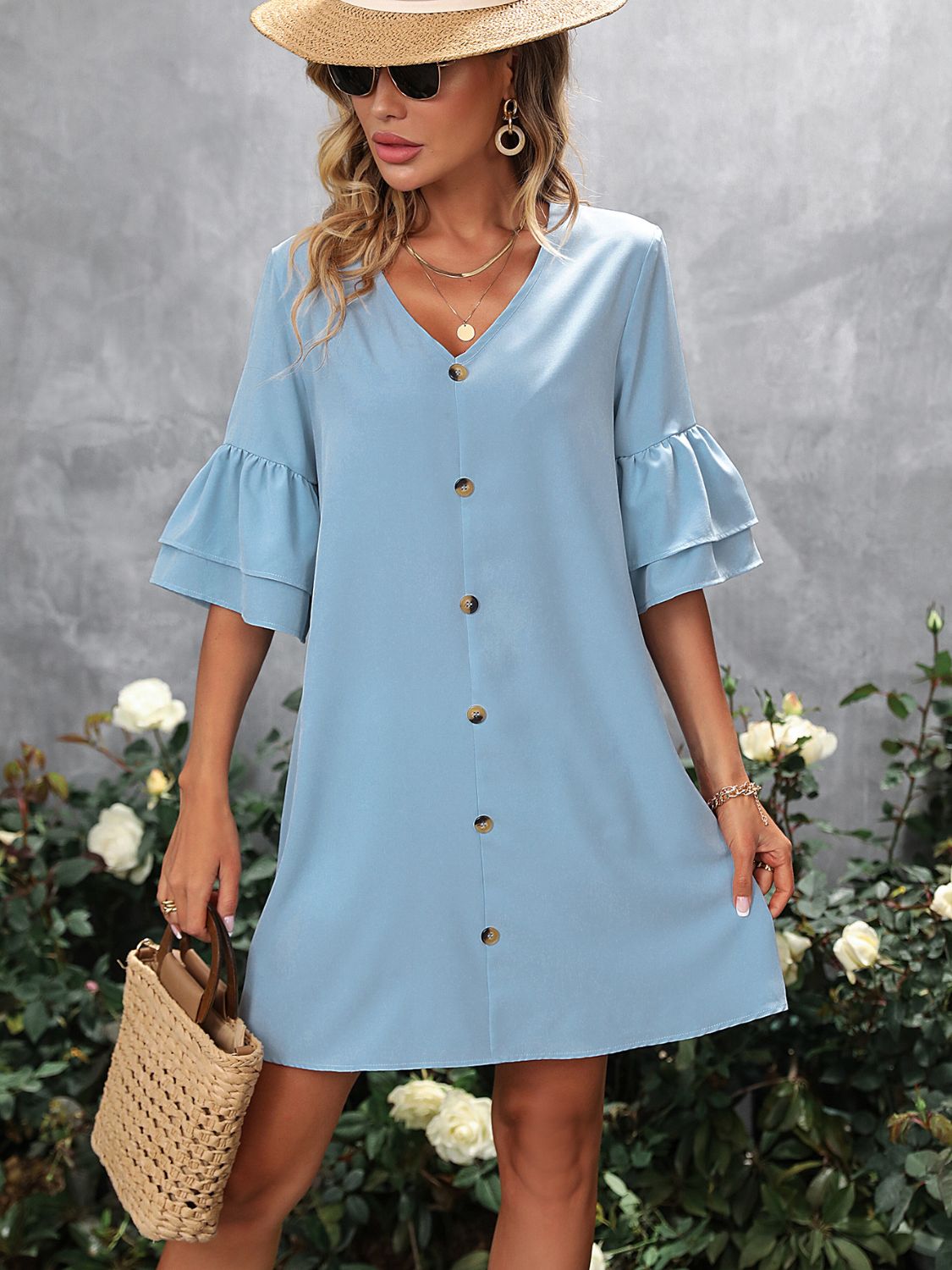 V-Neck Half Sleeve Mini Dress Sunset and Swim   