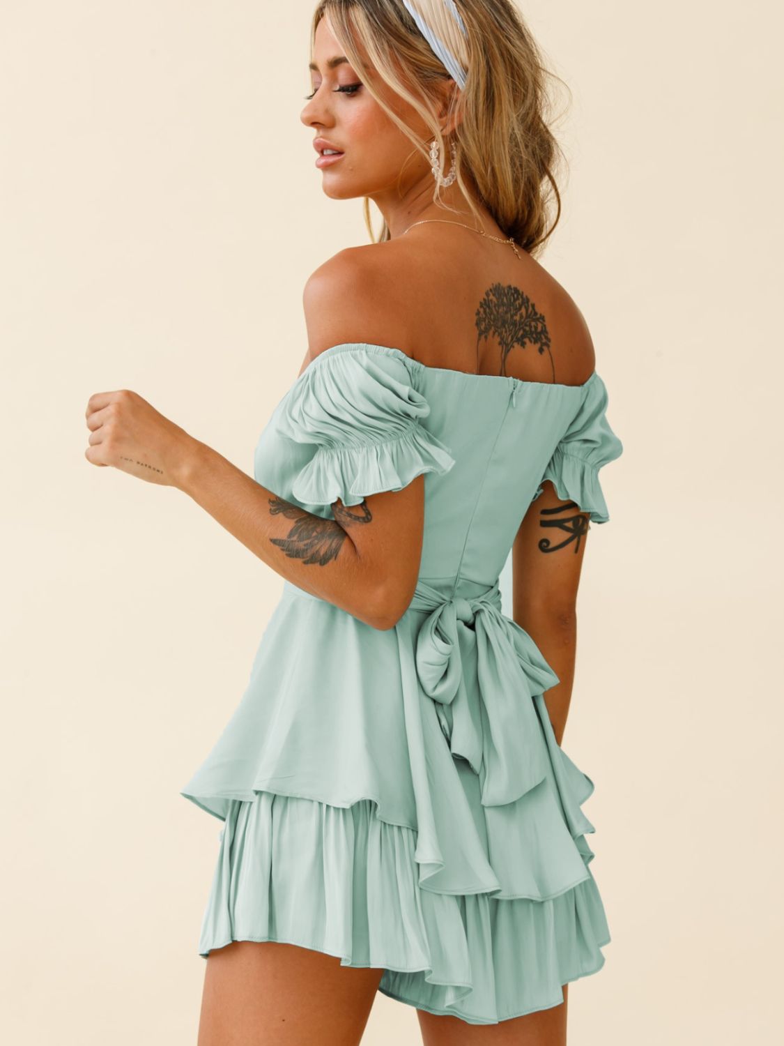 Off Shoulder Flounce Sleeve Romper Sunset and Swim   