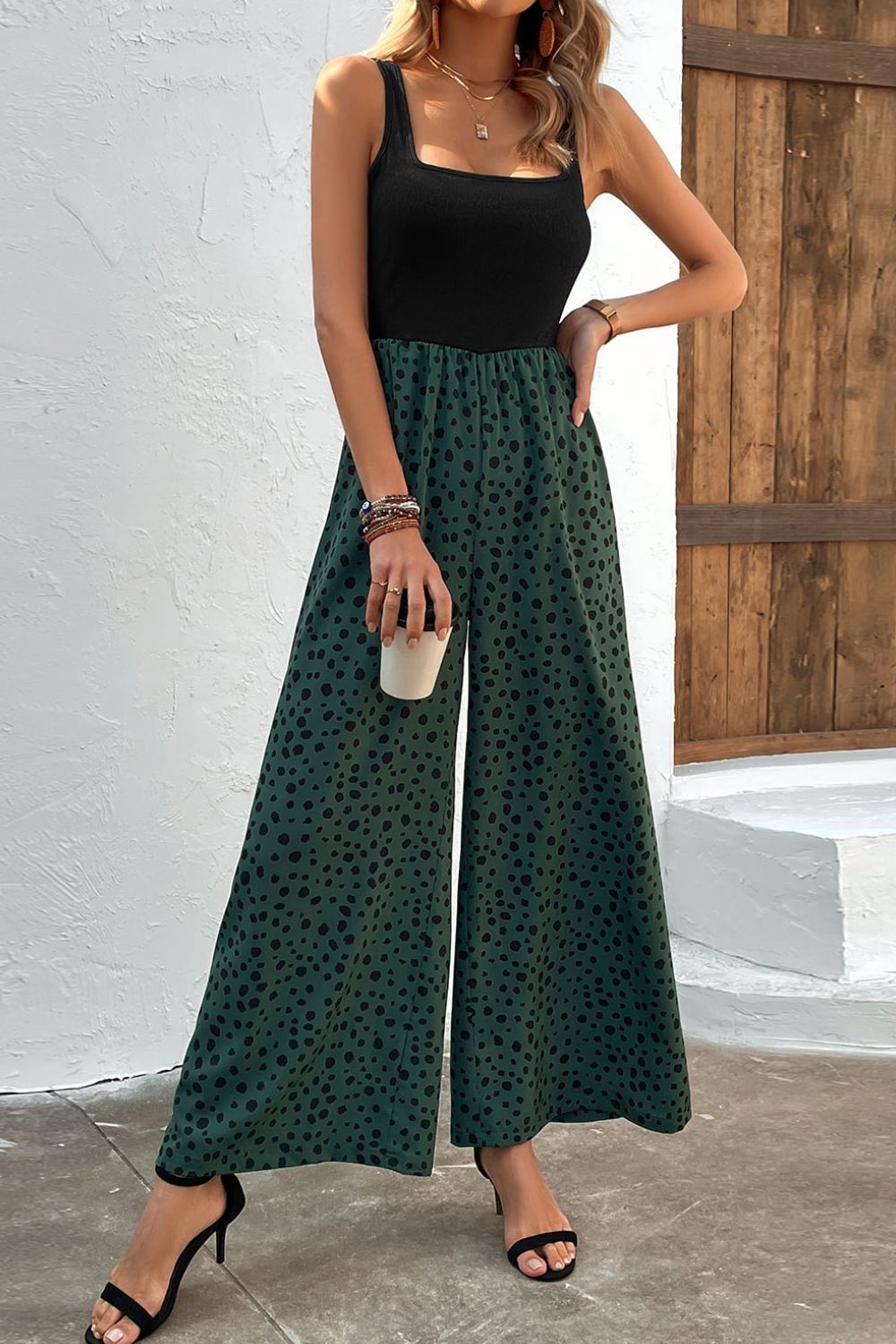 Two-Tone Square Neck Wide Leg Jumpsuit Sunset and Swim   