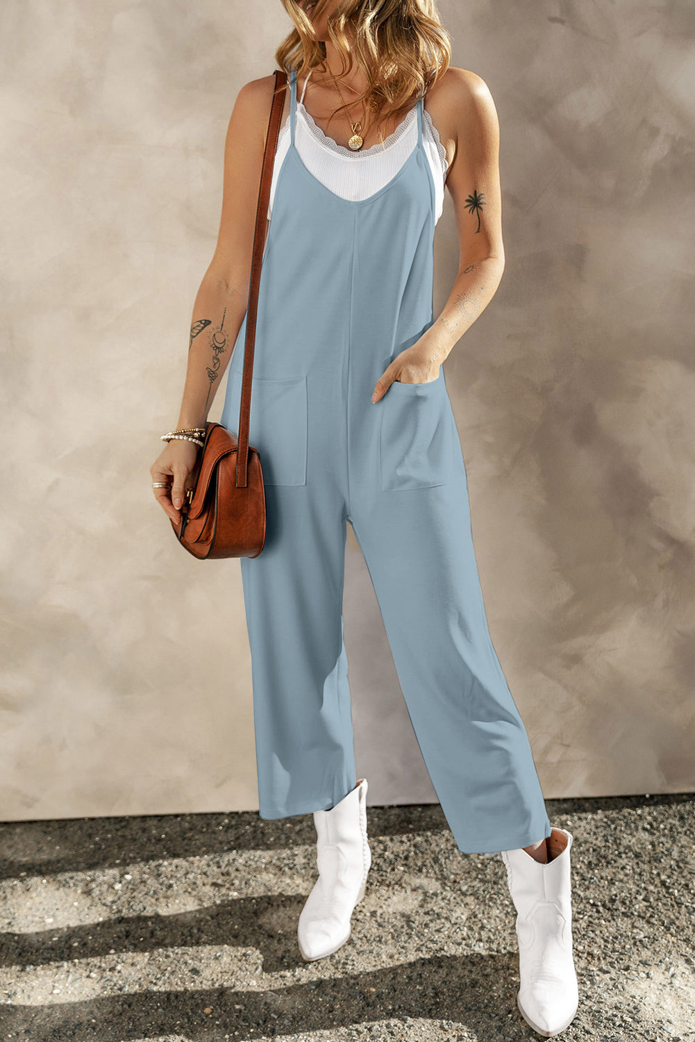 Sunset and Swim  Pocketed Spaghetti Strap Wide Leg Jumpsuit Sunset and Swim Misty  Blue S 