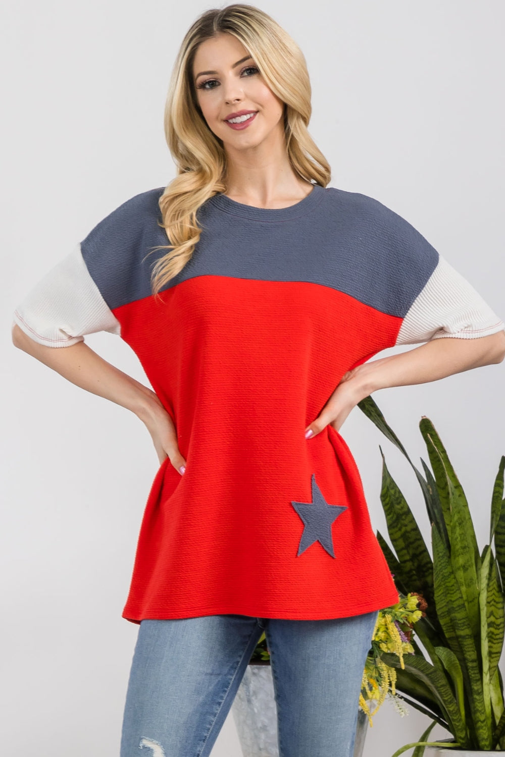 Celeste Full Size Ribbed Star Color Block T-Shirt Sunset and Swim   