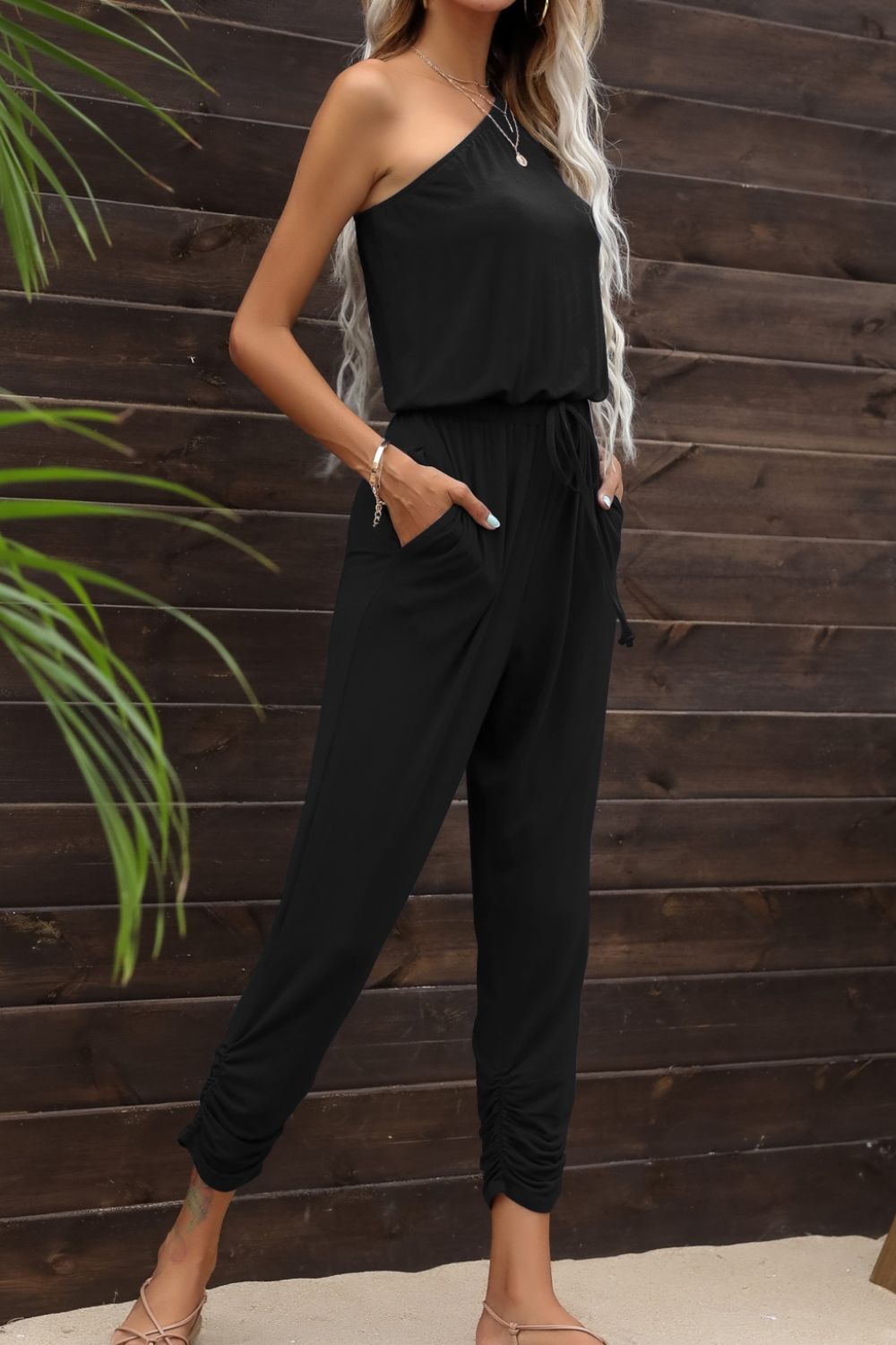 Drawstring Waist One-Shoulder Jumpsuit with Pockets Sunset and Swim   