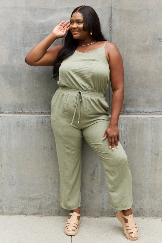 ODDI Full Size Textured Woven Jumpsuit in Sage  Sunset and Swim Sage S 