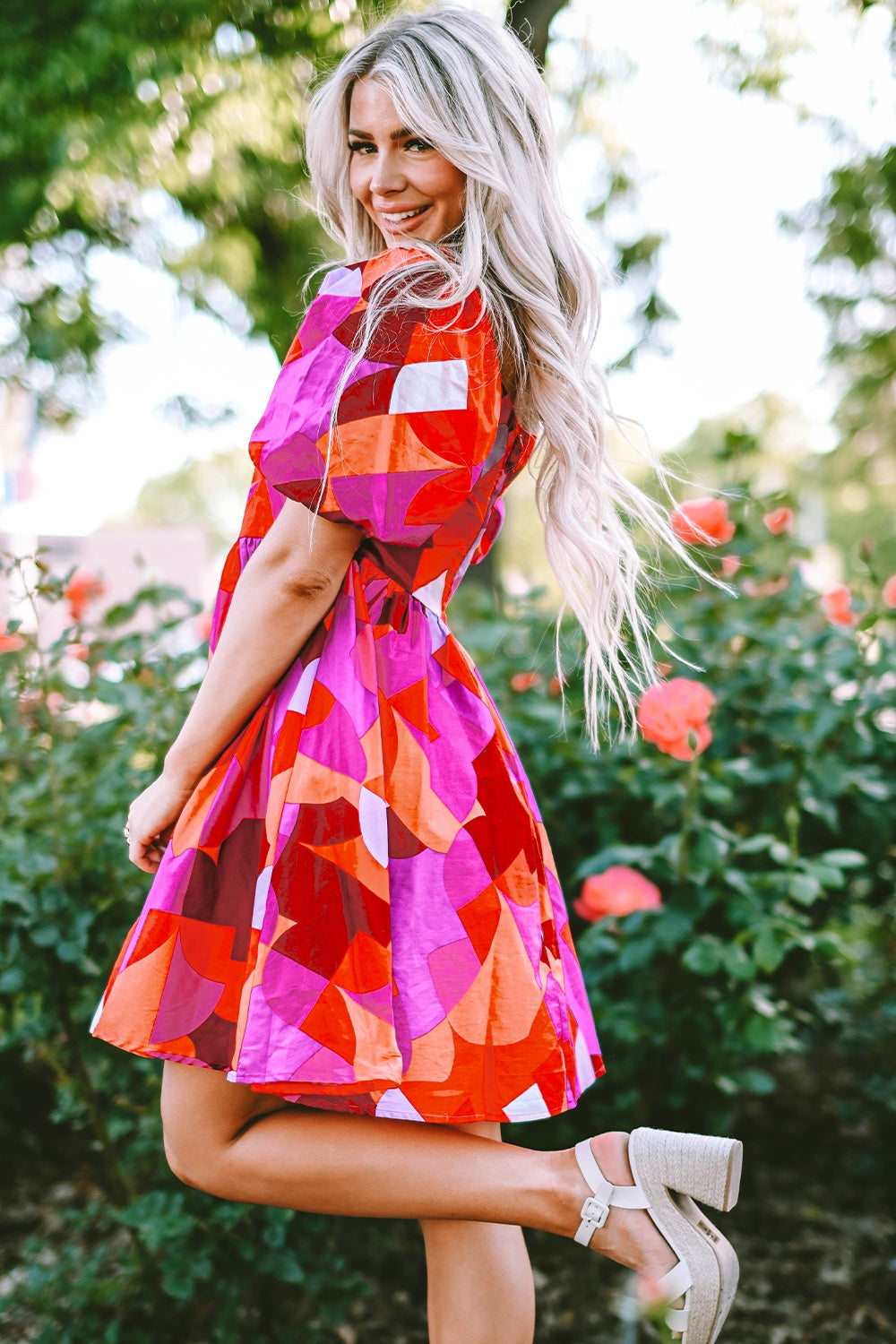 Printed Square Neck Puff Sleeve Dress Sunset and Swim   