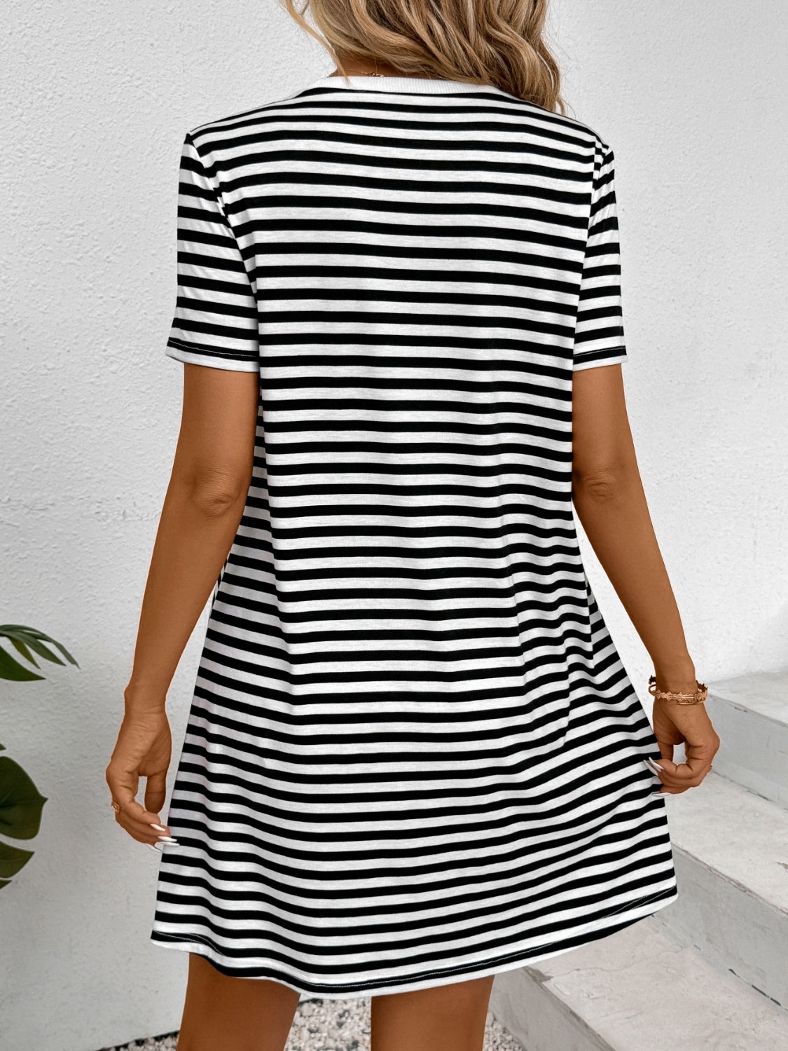 Striped Round Neck Short Sleeve Dress Sunset and Swim   