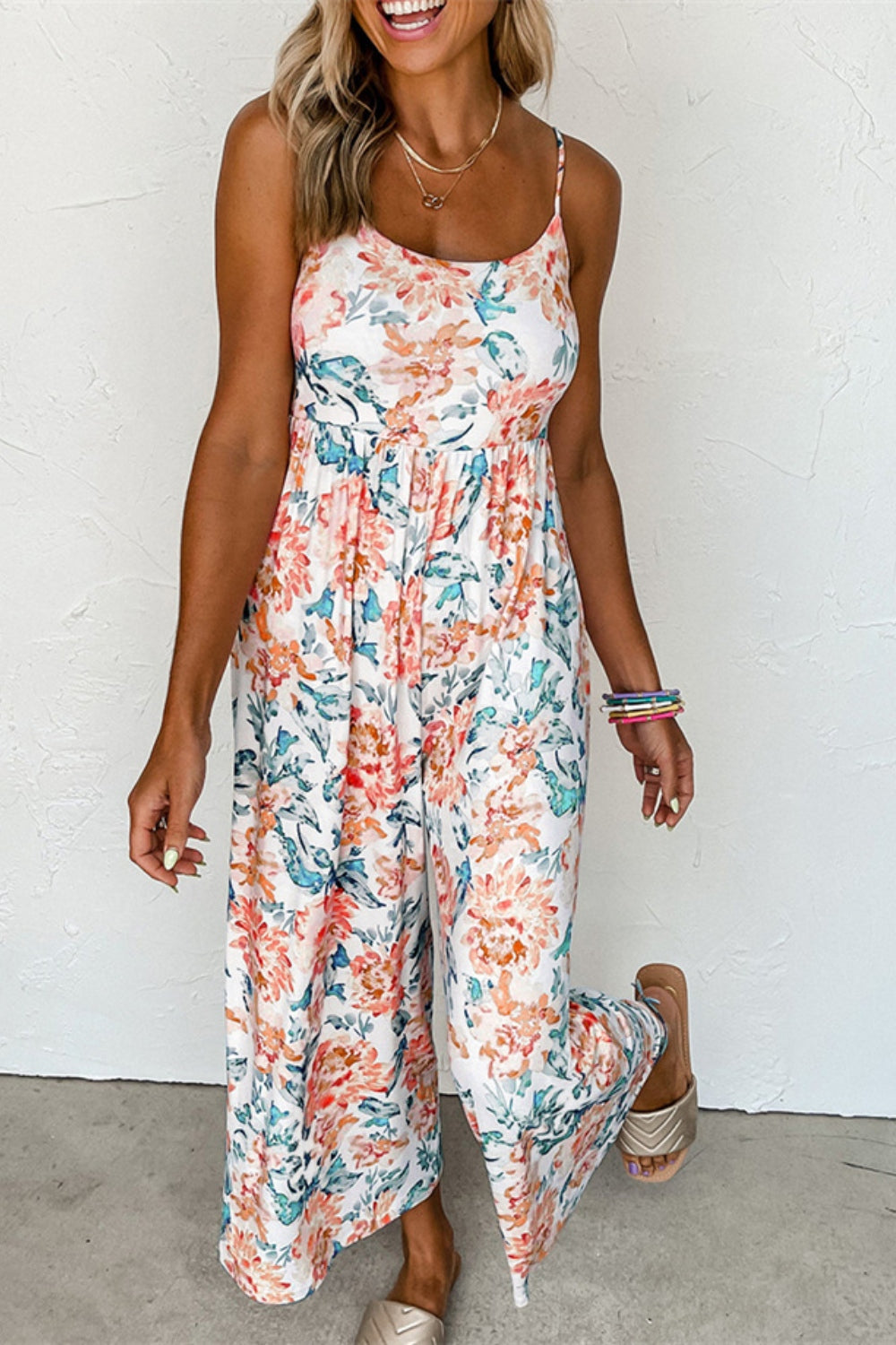 Printed Scoop Neck Wide Leg Jumpsuit Sunset and Swim White S 