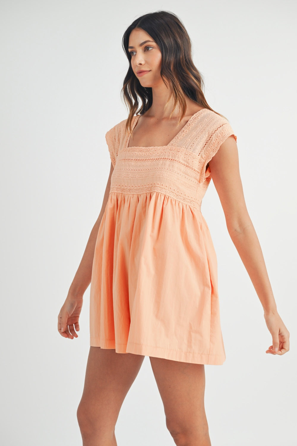 MABLE Square Neck Lace Trim Romper Sunset and Swim   