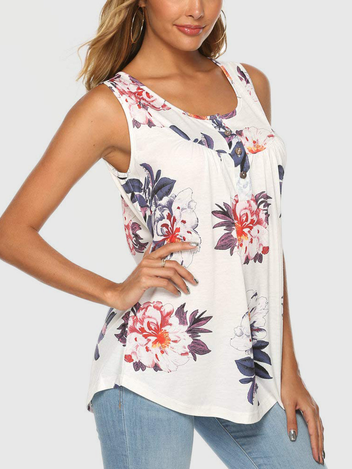 Sunset Vacation Flower Printed Round Neck Tank Sunset and Swim   