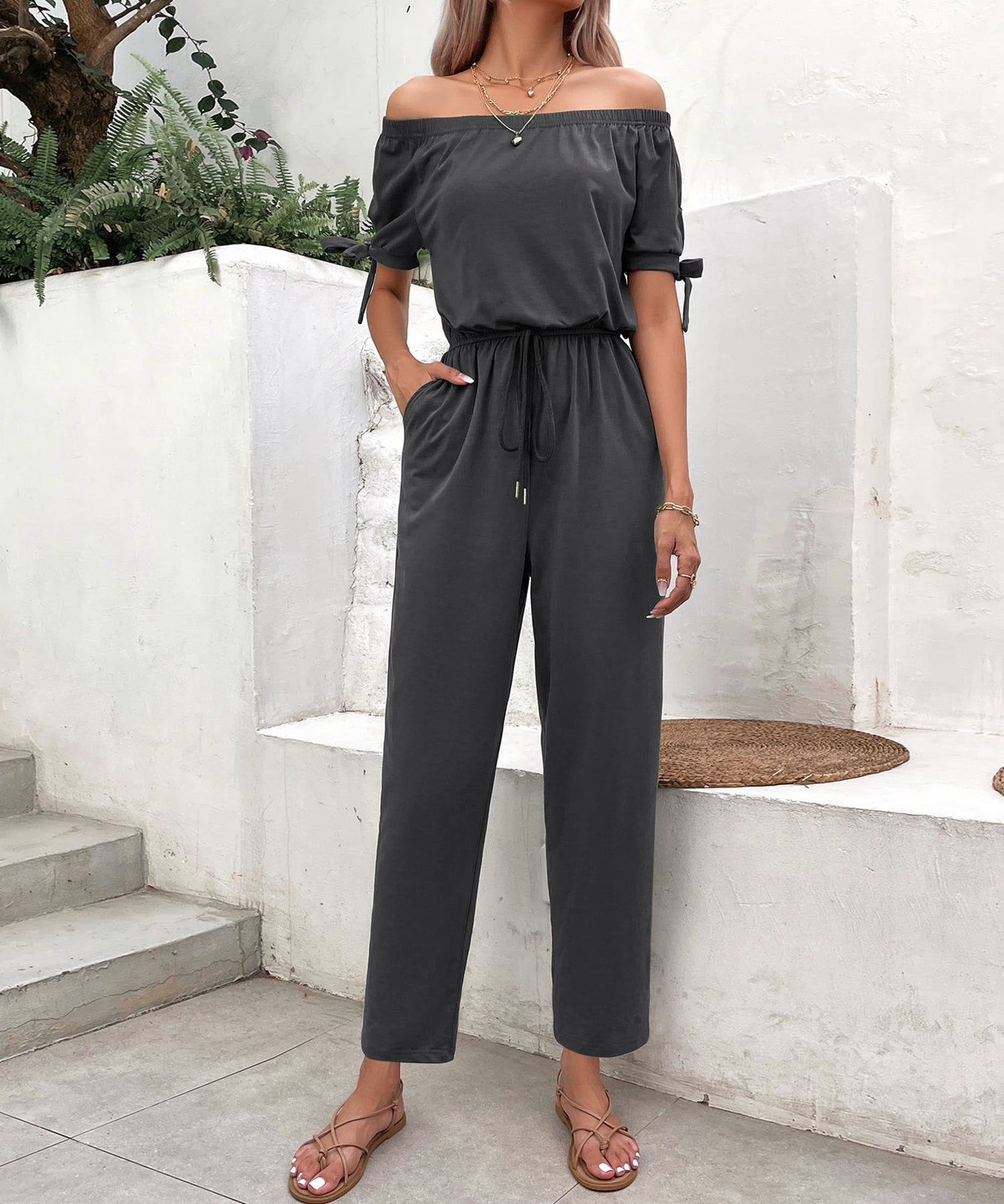 Off-Shoulder Tie Cuff Jumpsuit with Pockets Sunset and Swim   