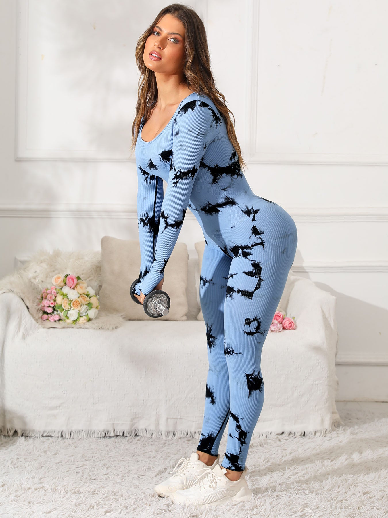 Scoop Neck Long Sleeve Active Jumpsuit Sunset and Swim Light Blue S 