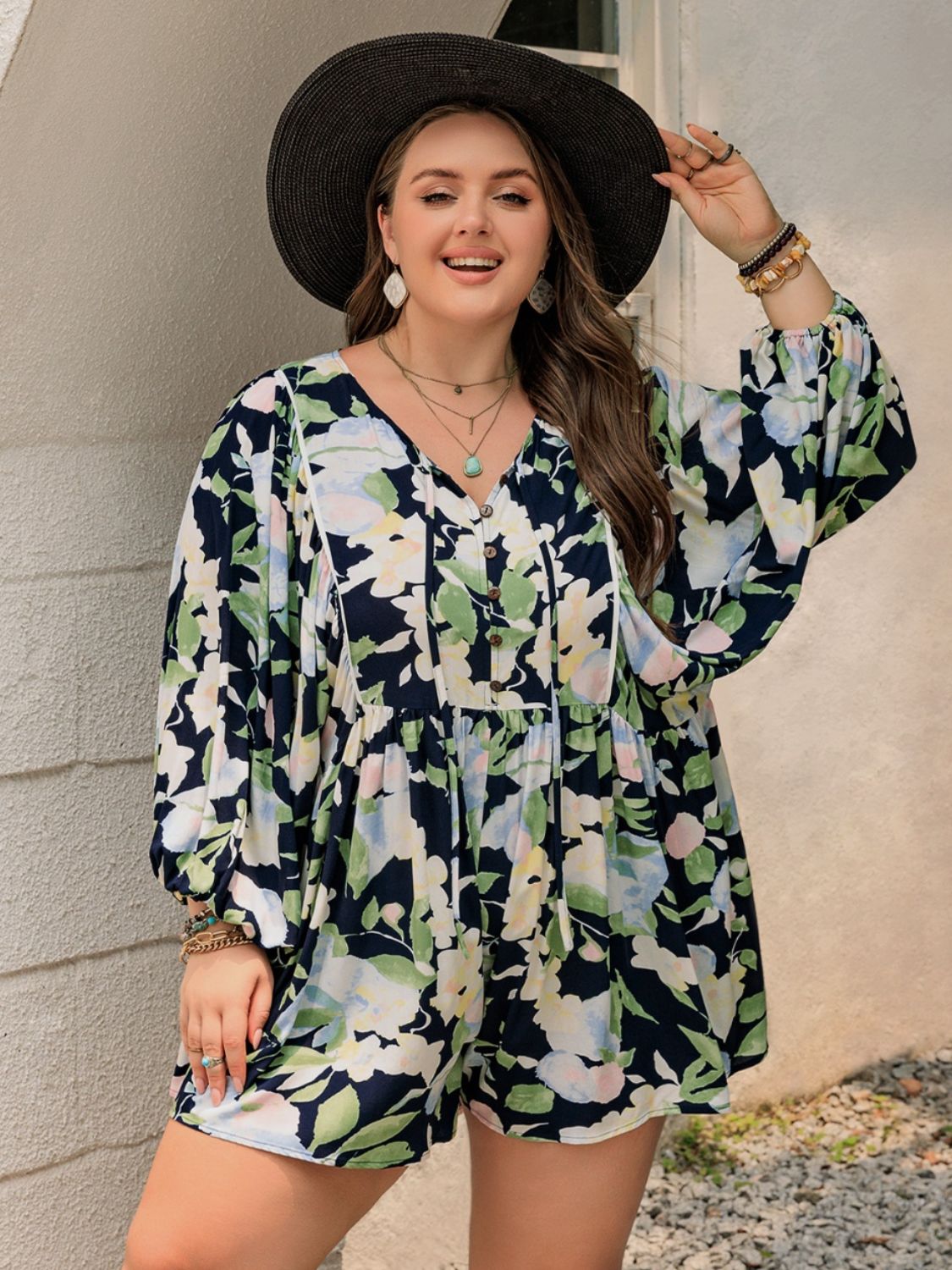 Sunset Vacation Plus Size Tied Printed Long Sleeve Romper Sunset and Swim   